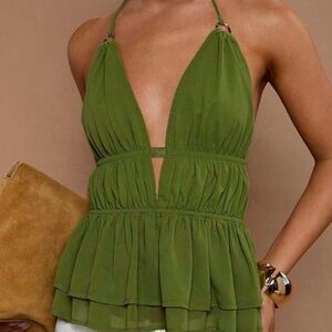 SHEIN Olive Green Halter Peplum Blouse